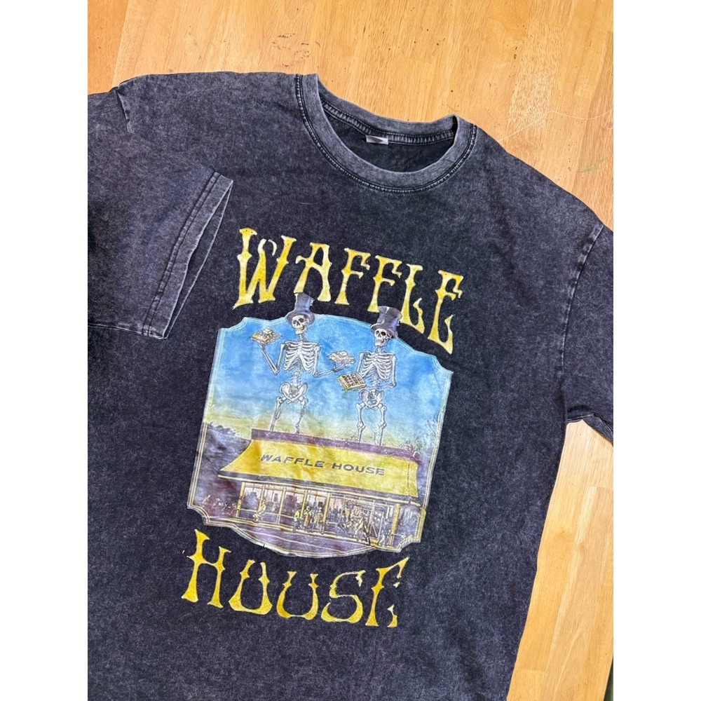 Waffle House Skeleton T Shirt Mens Large Black Acid Wash Graphic Tee Goth Cook
